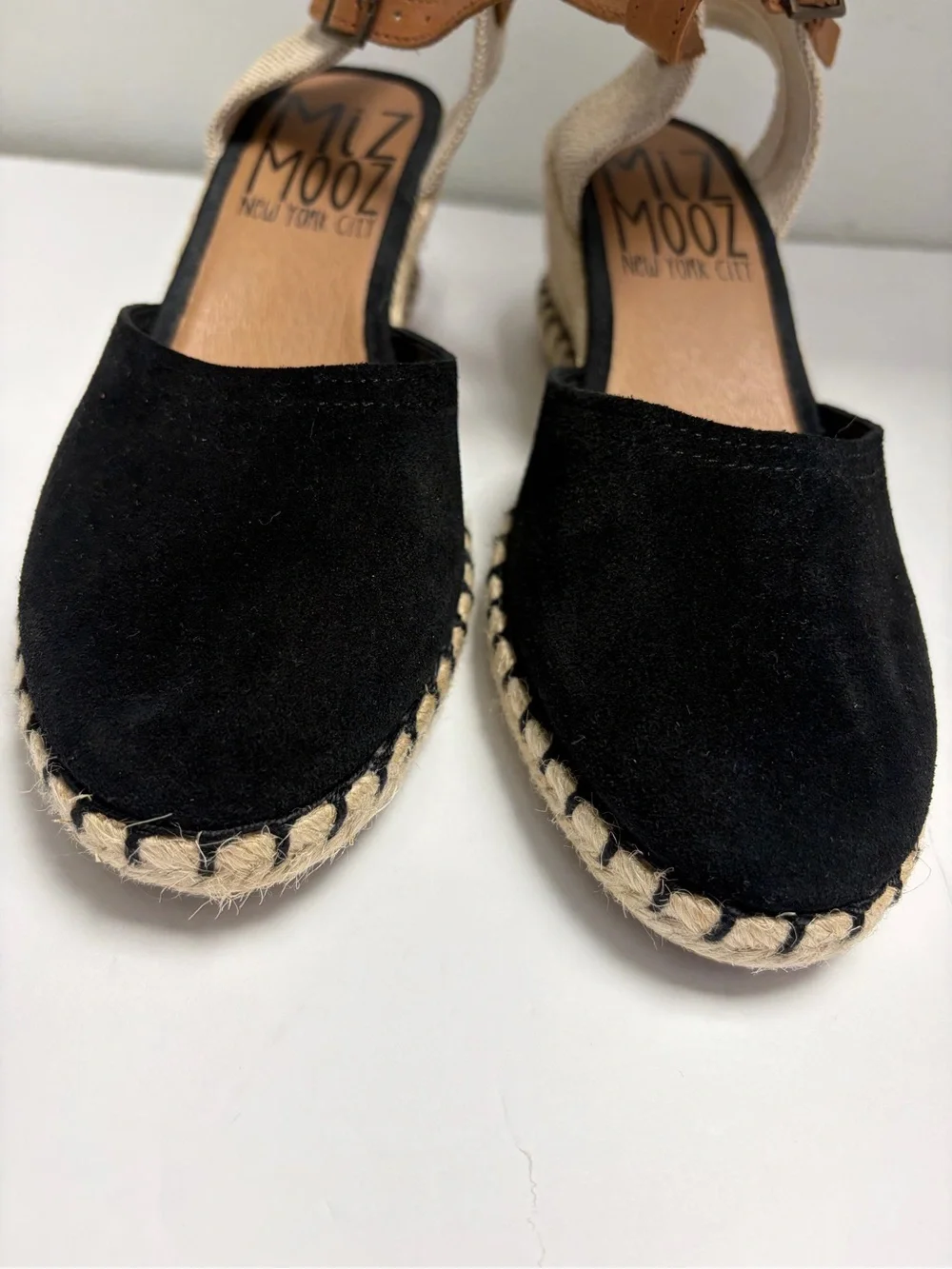 Miz Mooz Malena Black Suede Espadrille Wedge Sandals Ankle Strap 37 EU / 6.5-7